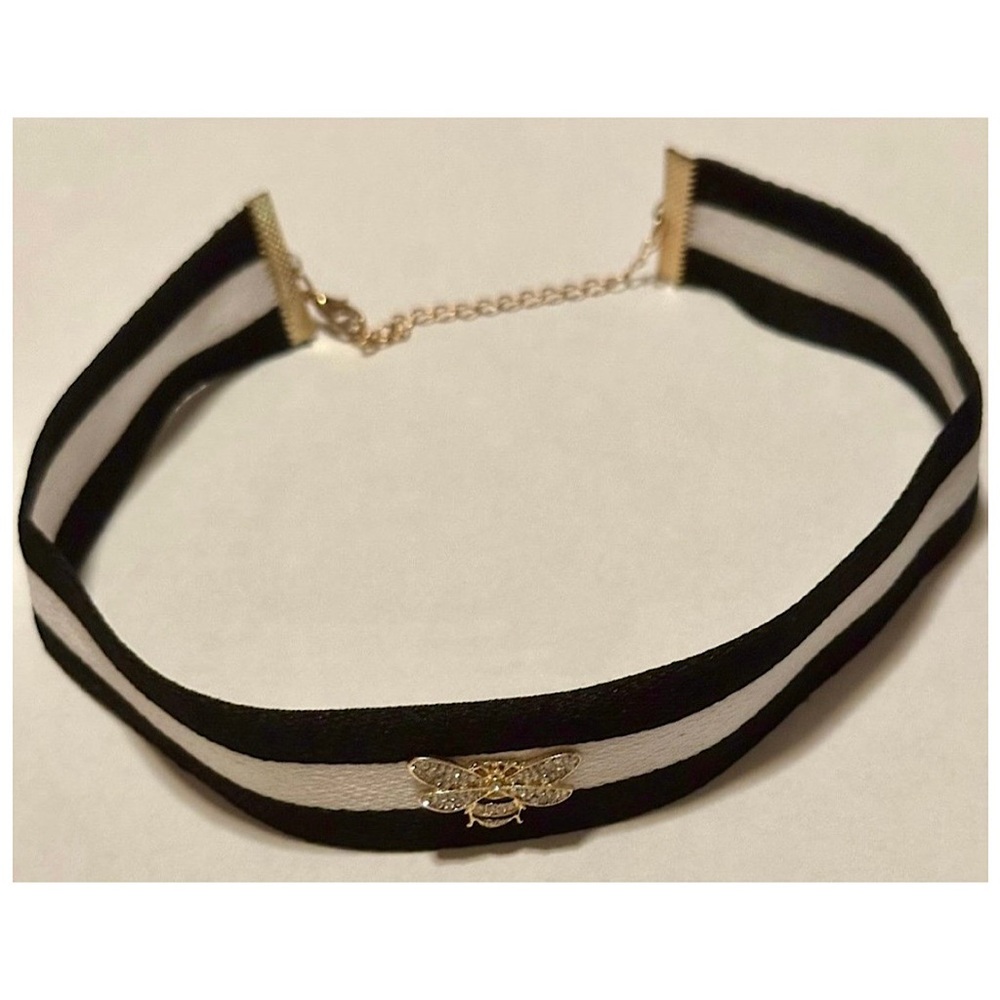 Black White Stripe Bee Choker Rhinestone Gold Tone Necklace